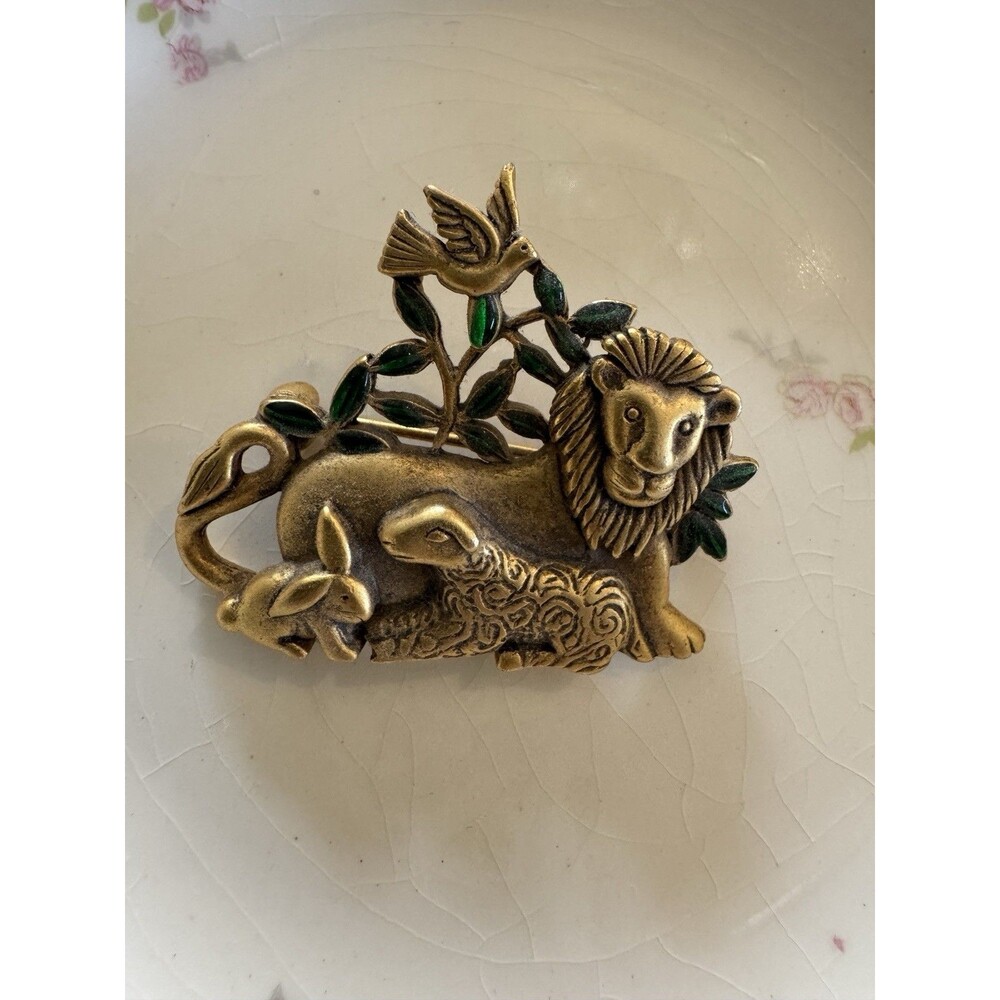 Vintage Danecraft Lion Lamb Rabbit Dove Gold Tone Enamel Brooch Pin